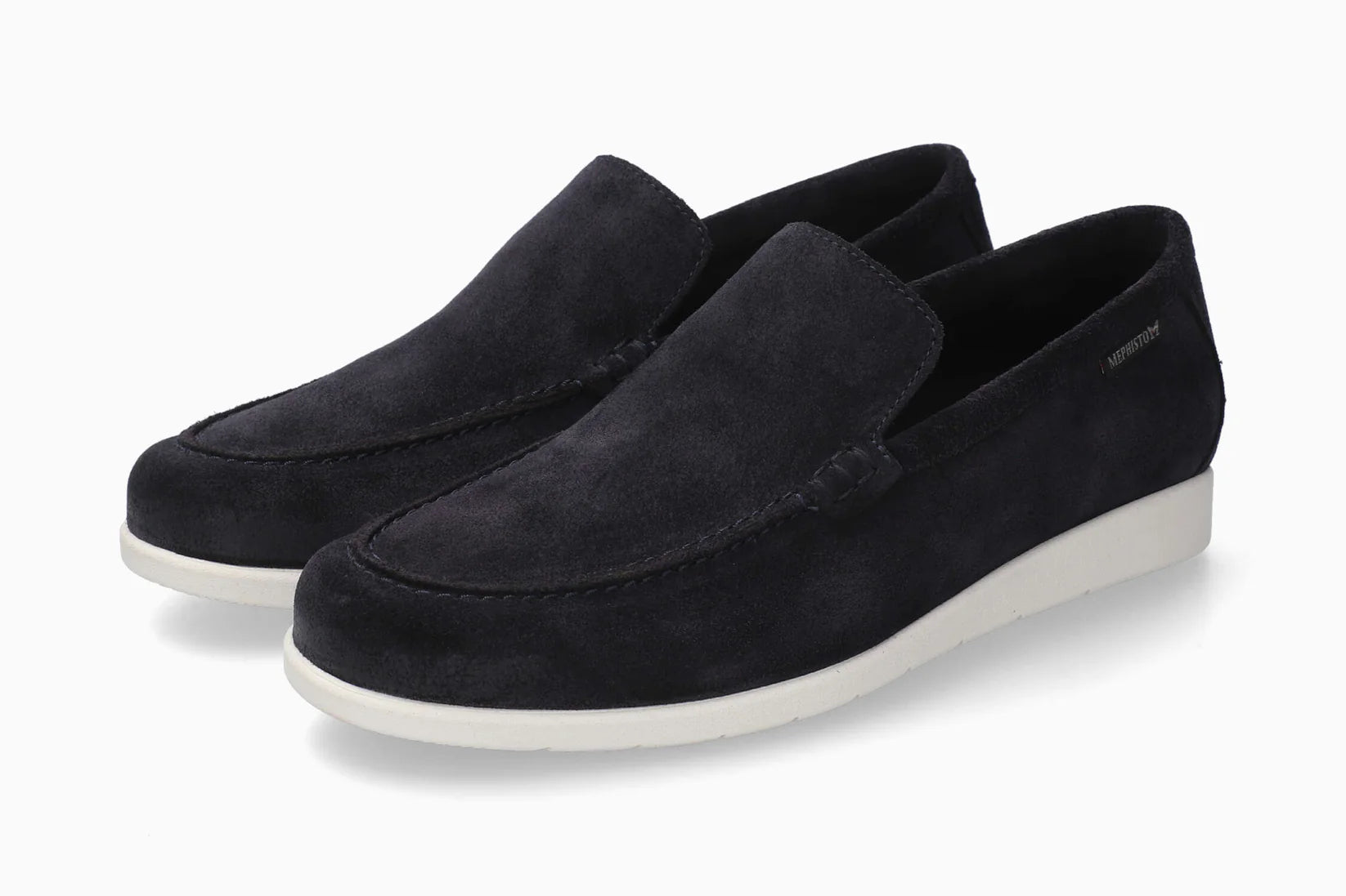 Pair of blue Mephsito Valner Men's suede loafers on a white background