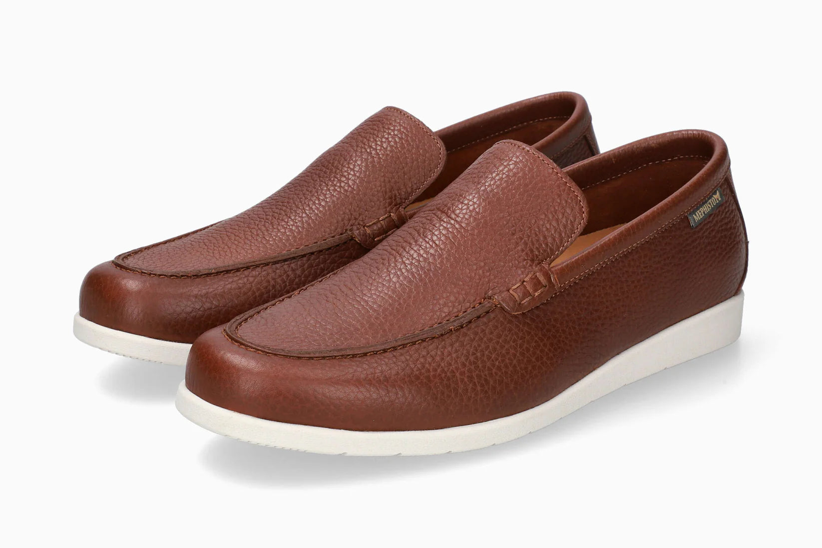 Pair of brown Brown Mephsito Valner Men's shoe leather loafers on a white background