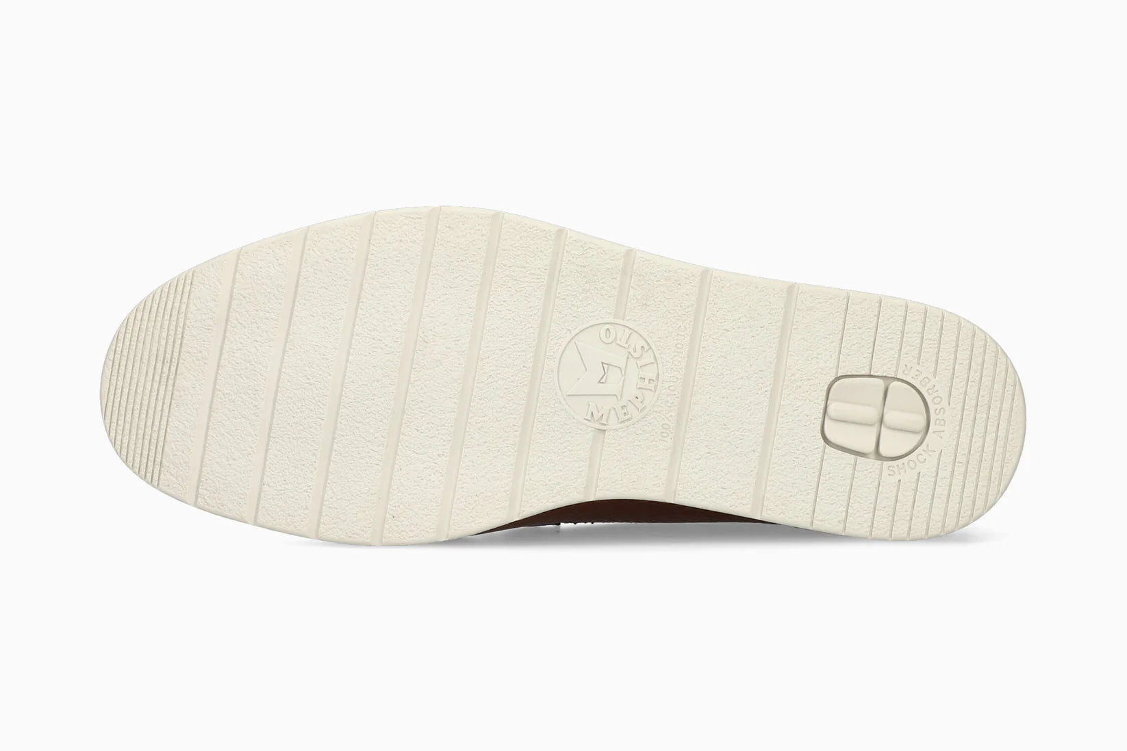 Close-up of a Brown Mephsito Valner Men's Loafer shoe sole with brand logo on a white background