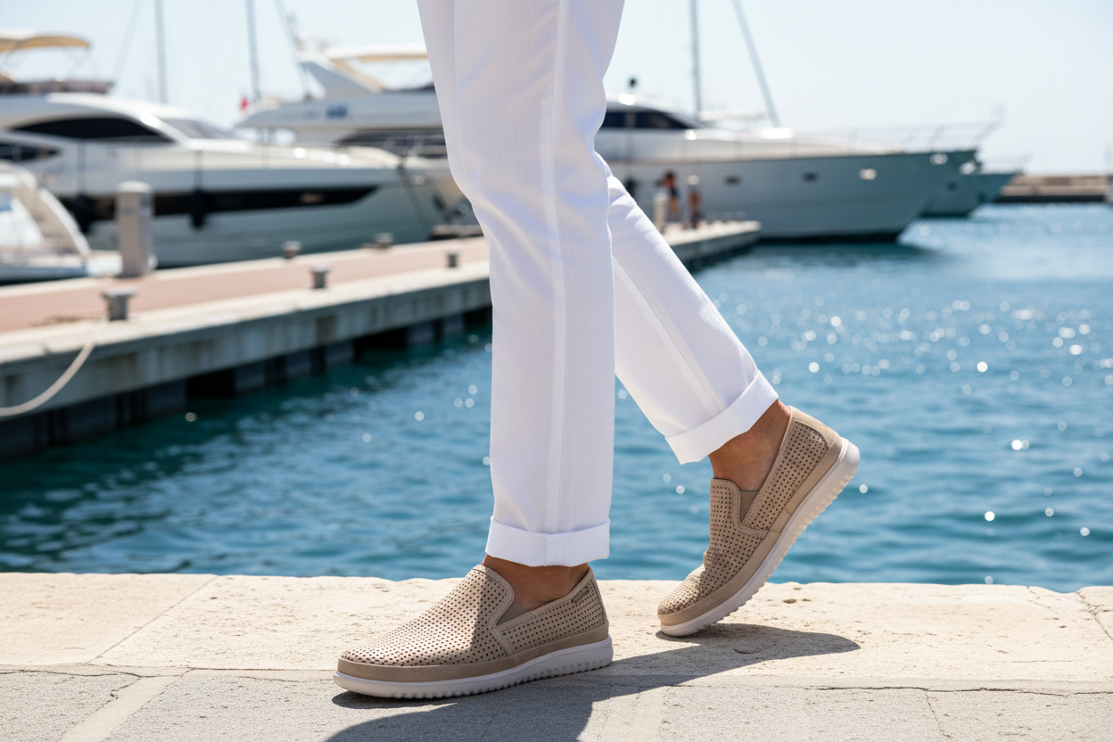 MEPHISTO Tiago sand slip-on loafers worn by the water
