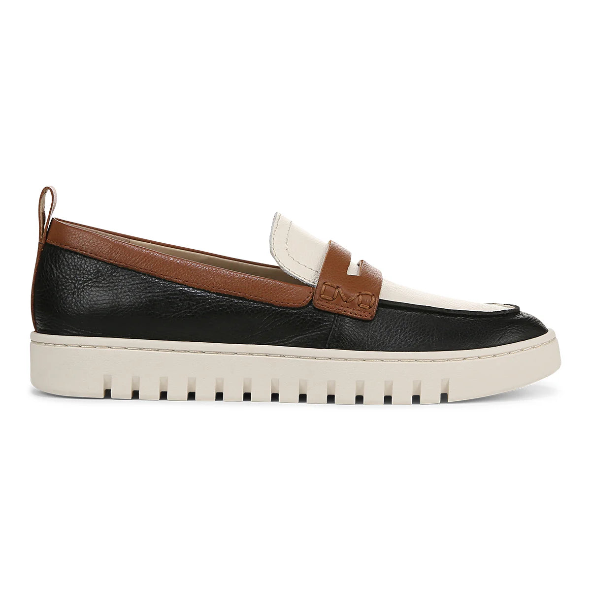 VIONIC UPTOWN Black loafer with brown strap and white sole on a white background
