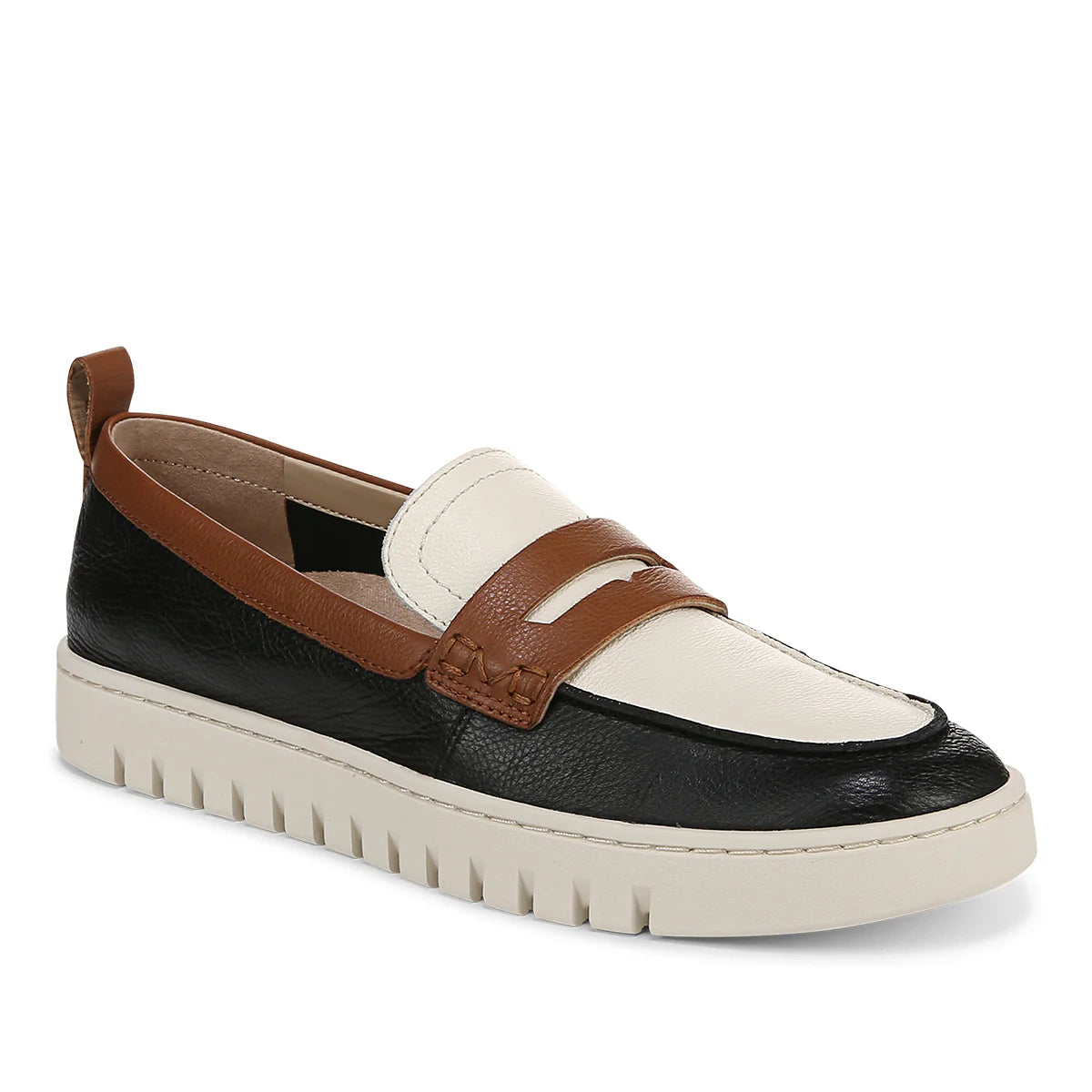 VIONIC UPTOWN Black and white loafer with brown strap on a white background