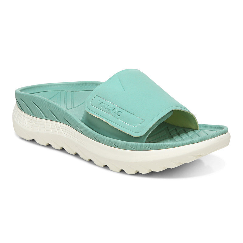 VIONIC BLISSFUL REJUVENATE  Green slide sandal with white sole on a white background