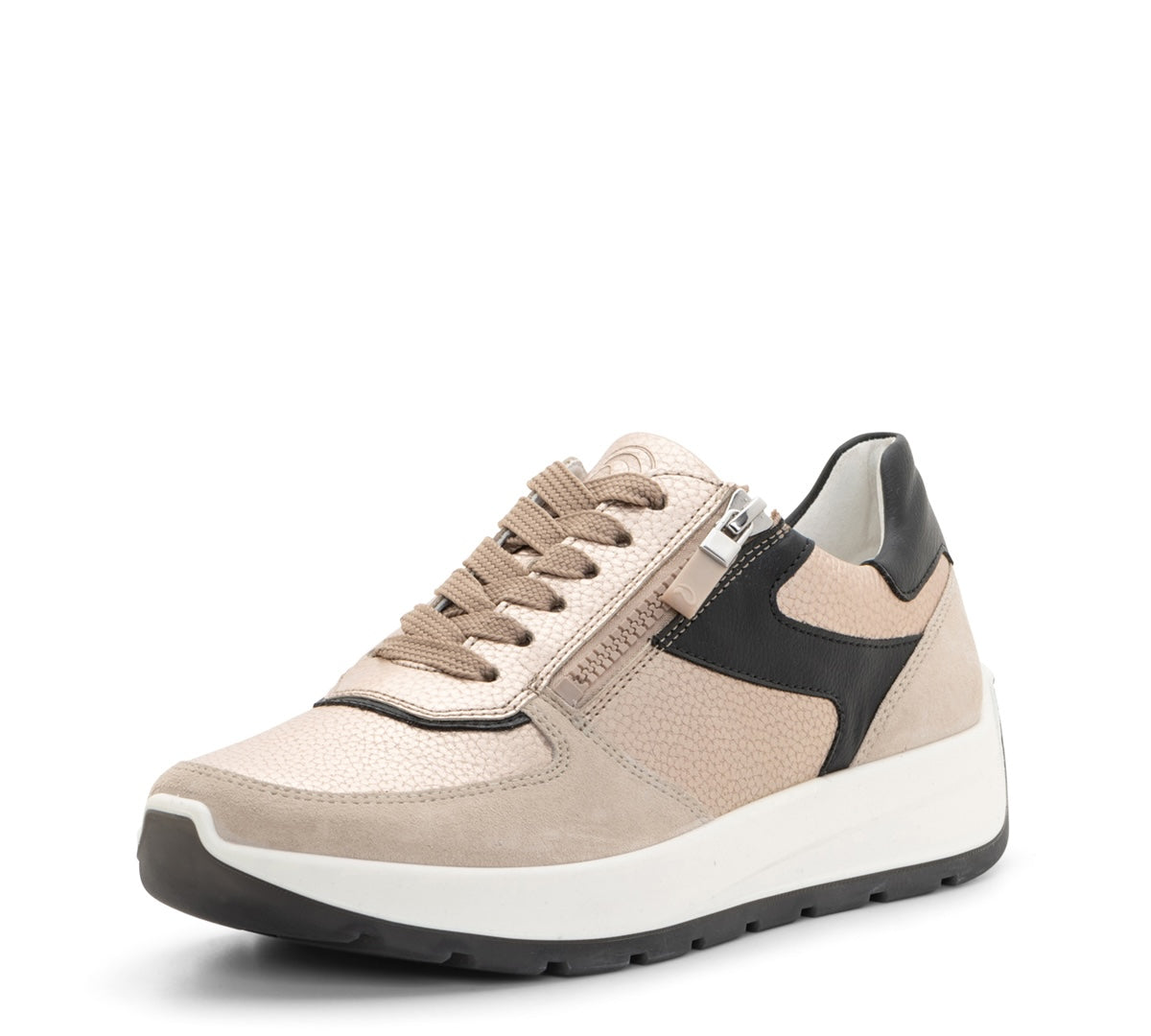 ARA SHOES NAGANO SNEAKER À LACETS ZIP LATÉRAL CUIR MÉTALLISÉ SABLE