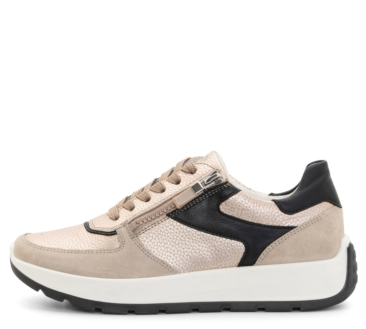 ARA SHOES NAGANO SNEAKER À LACETS ZIP LATÉRAL CUIR MÉTALLISÉ SABLE