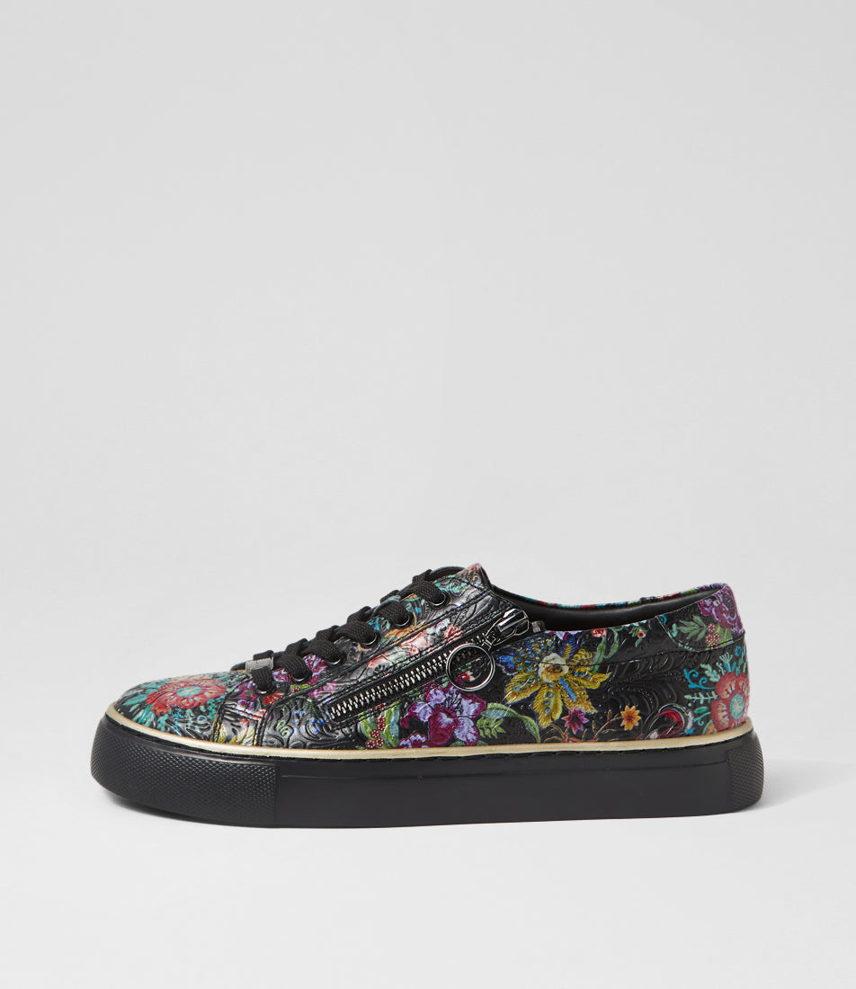 Baskets Ziera Pamela à lacets et fermeture éclair latérale en cuir noir à fleurs